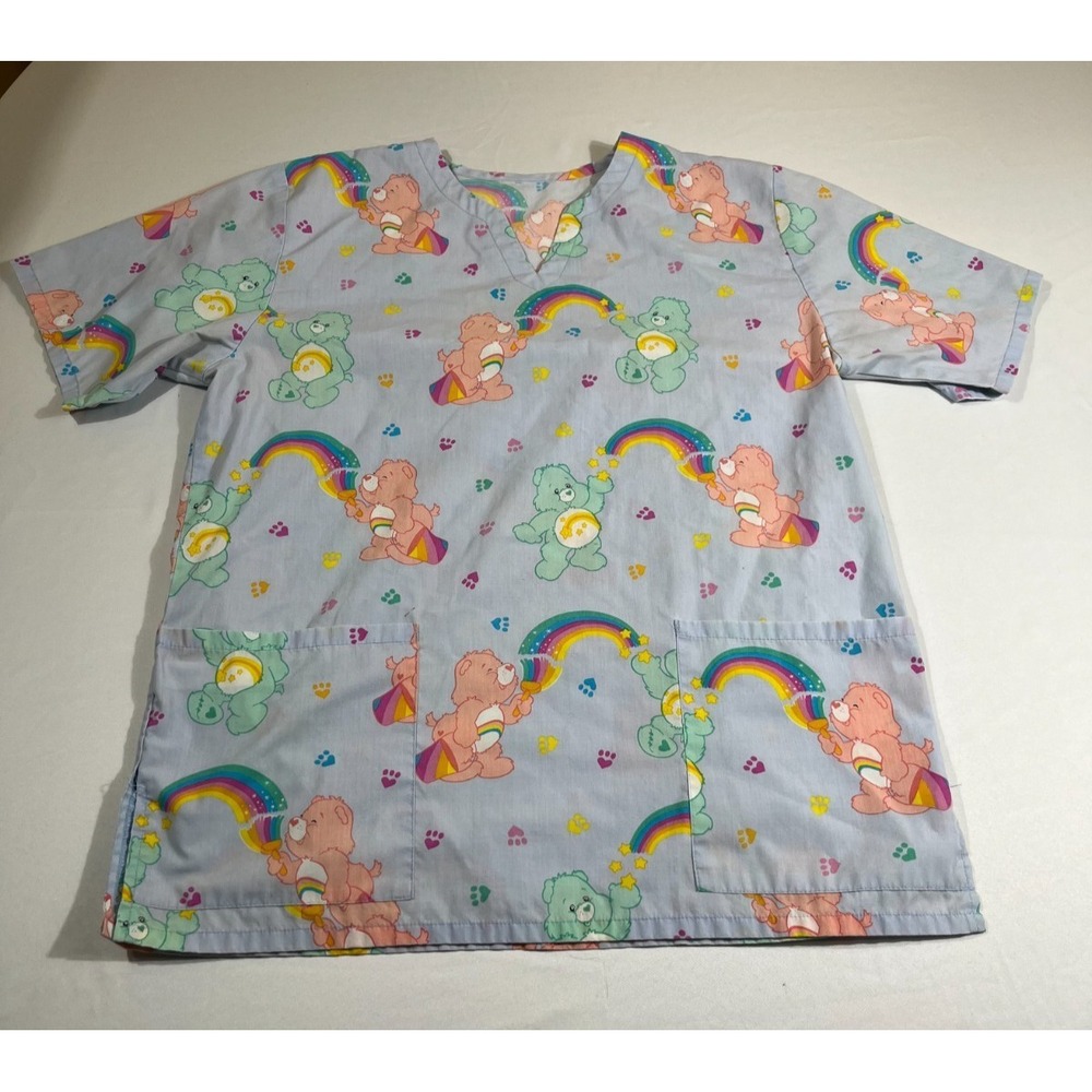 Vintage Care Bears Scrub Top V Neck Medical Uniform Pockets Rainbow 80s
